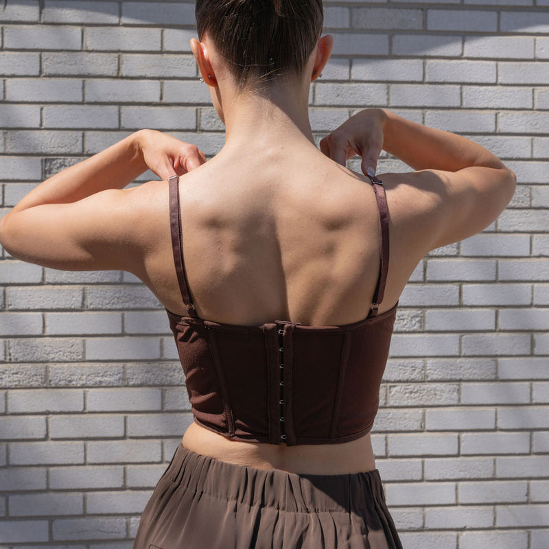 Lace Detailed Mesh Corset Top in Dark Coco