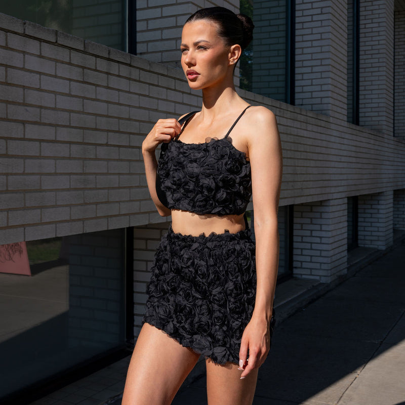 Rose appliqué Skirt Set in Black