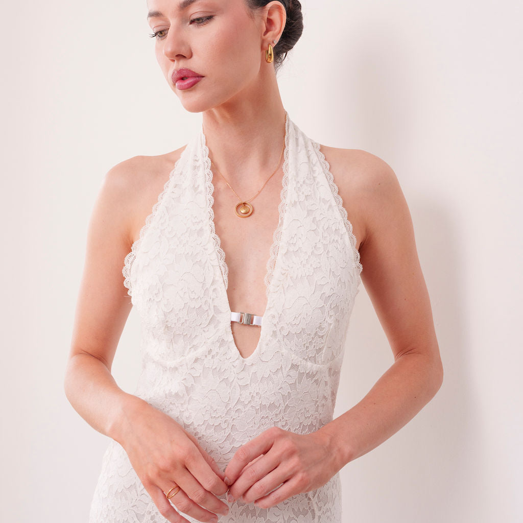 THE SHIRA STRETCH LACE HALTER MAXI DRESS
