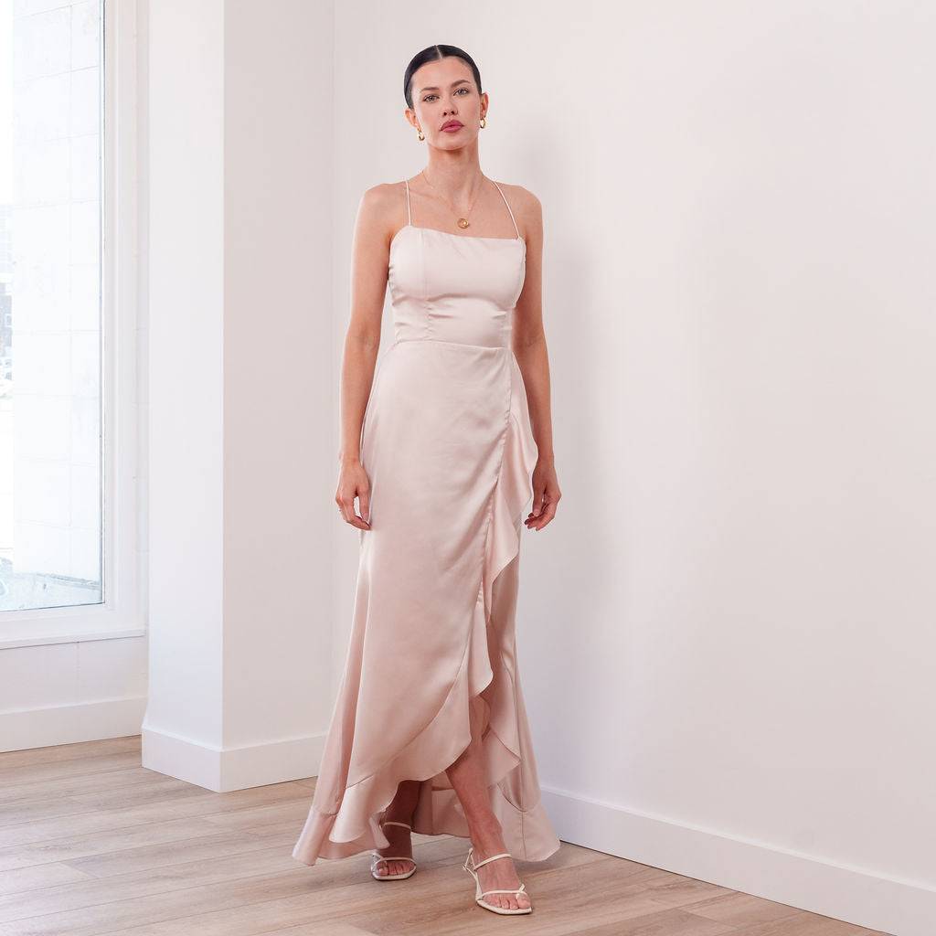 THE SAMANTHA SATIN RUFFLE DRESS