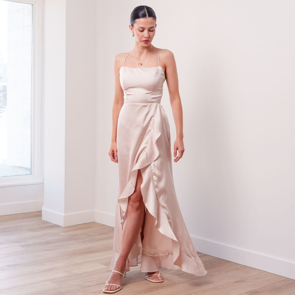 THE SAMANTHA SATIN RUFFLE DRESS