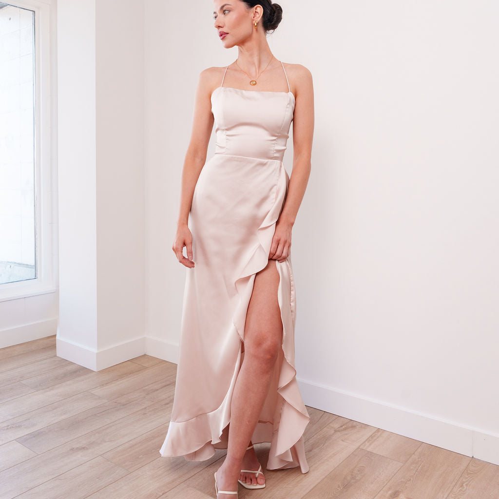 THE SAMANTHA SATIN RUFFLE DRESS