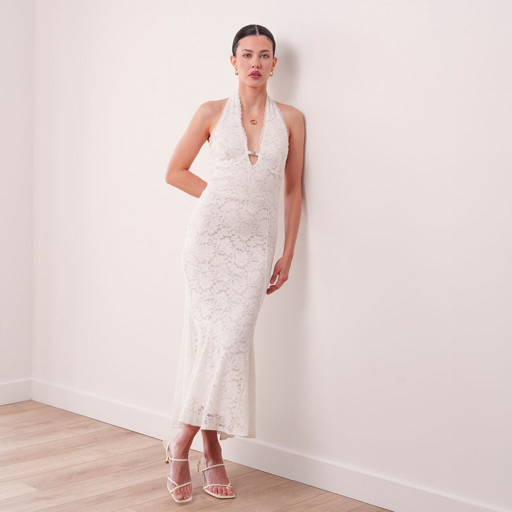 THE SHIRA STRETCH LACE HALTER MAXI DRESS