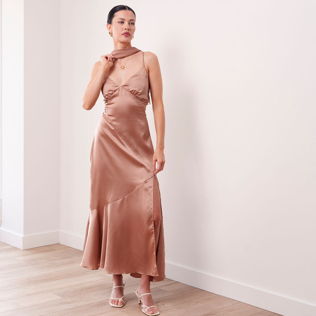 THE AIRA BIAS SATIN SCARF DRESS