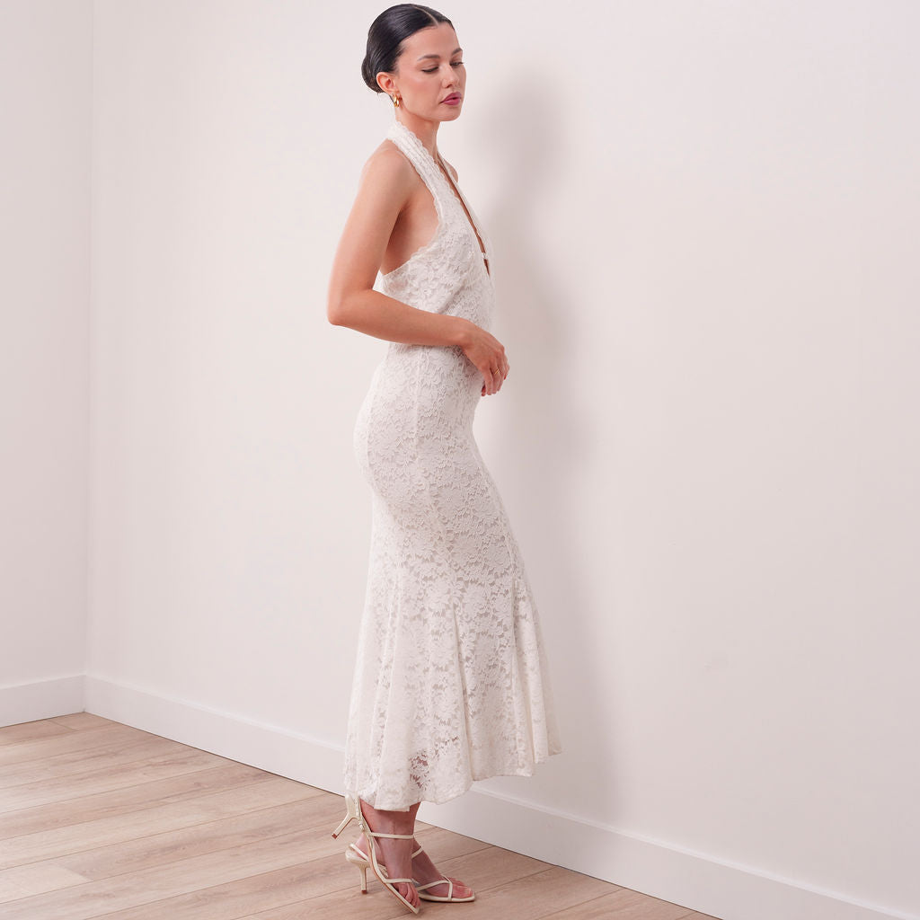 THE SHIRA STRETCH LACE HALTER MAXI DRESS