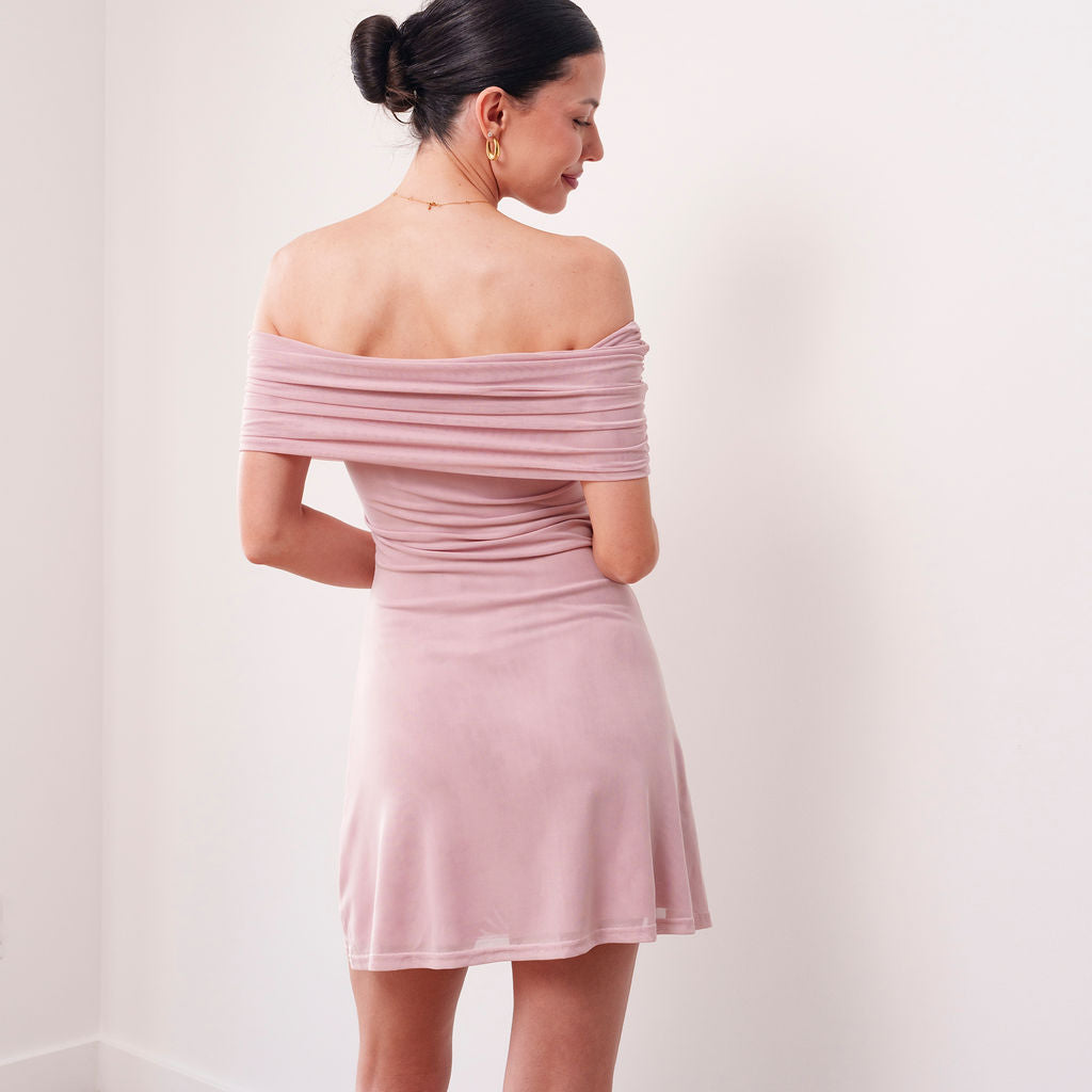 THE AMARA MESH OFF-SHOULDER MINI DRESS