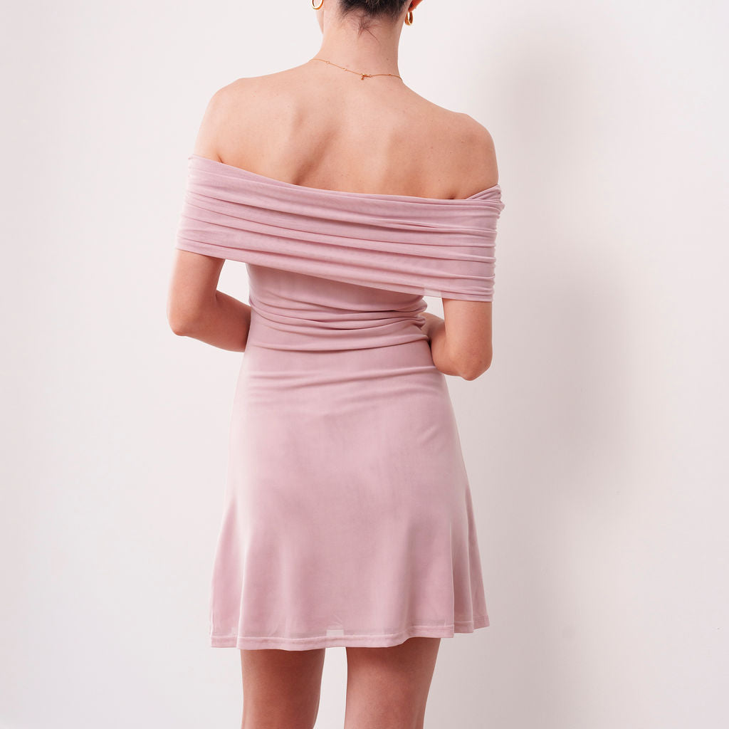 THE AMARA MESH OFF-SHOULDER MINI DRESS