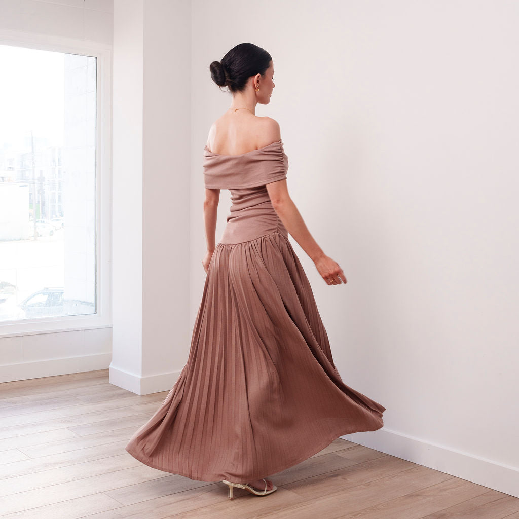 THE SERAPHINE OFF-SHOULDER PLEATED MAXI DRESS