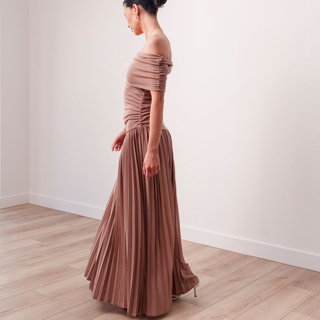 THE SERAPHINE OFF-SHOULDER PLEATED MAXI DRESS