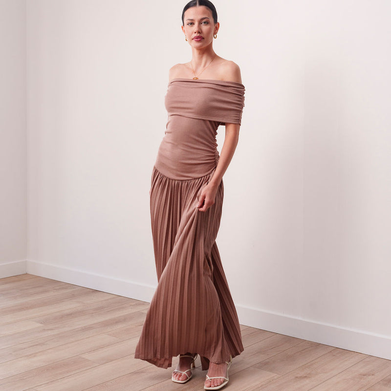 THE SERAPHINE OFF-SHOULDER PLEATED MAXI DRESS