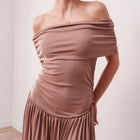 THE SERAPHINE OFF-SHOULDER PLEATED MAXI DRESS