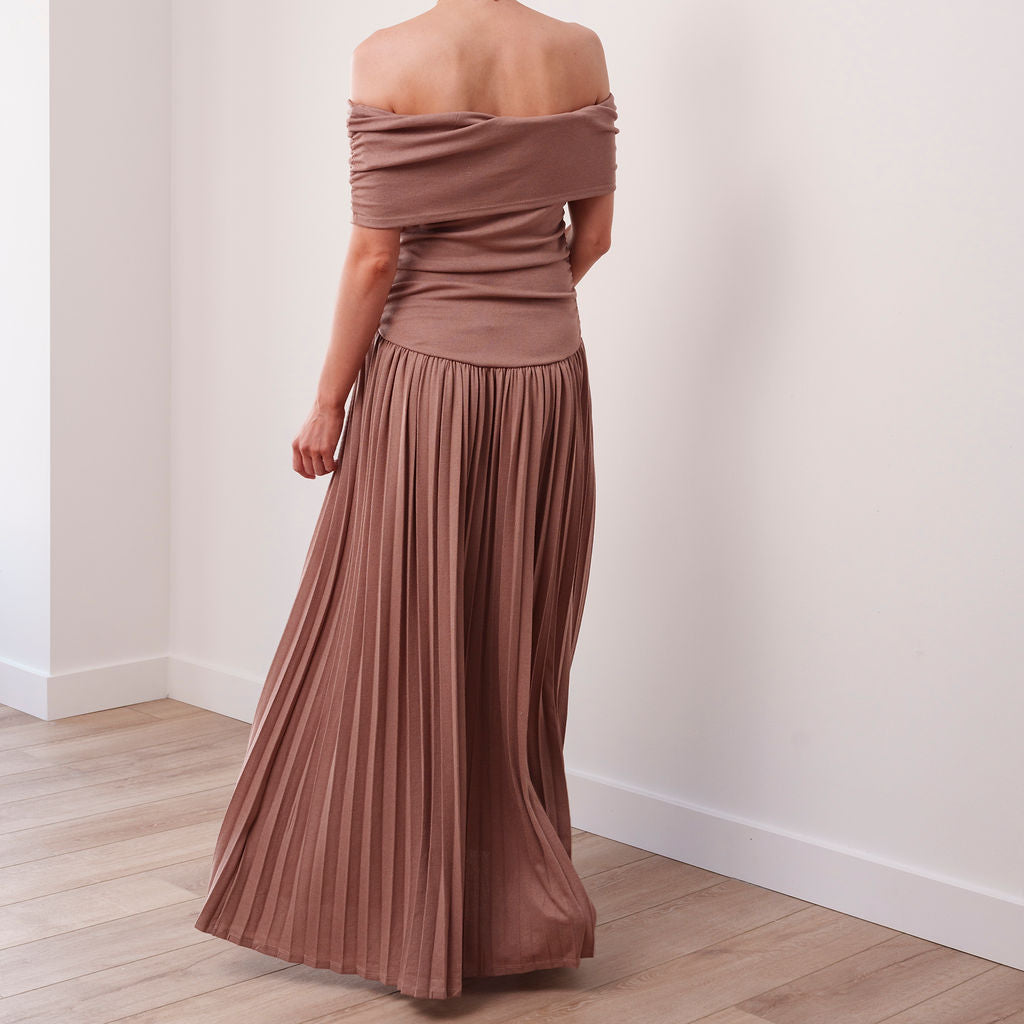 THE SERAPHINE OFF-SHOULDER PLEATED MAXI DRESS