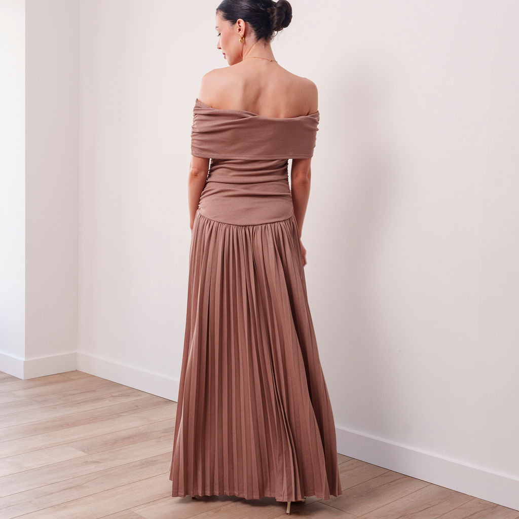 THE SERAPHINE OFF-SHOULDER PLEATED MAXI DRESS