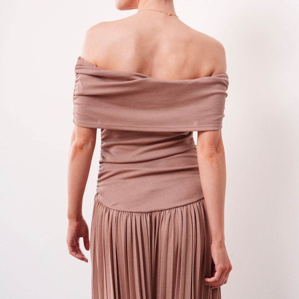 THE SERAPHINE OFF-SHOULDER PLEATED MAXI DRESS