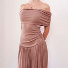 THE SERAPHINE OFF-SHOULDER PLEATED MAXI DRESS