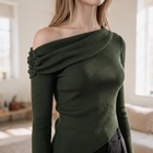 OKAKIE olive green asymmetric draped sweater top with long sleeves, fine ribbed knit texture, and gathered neckline.