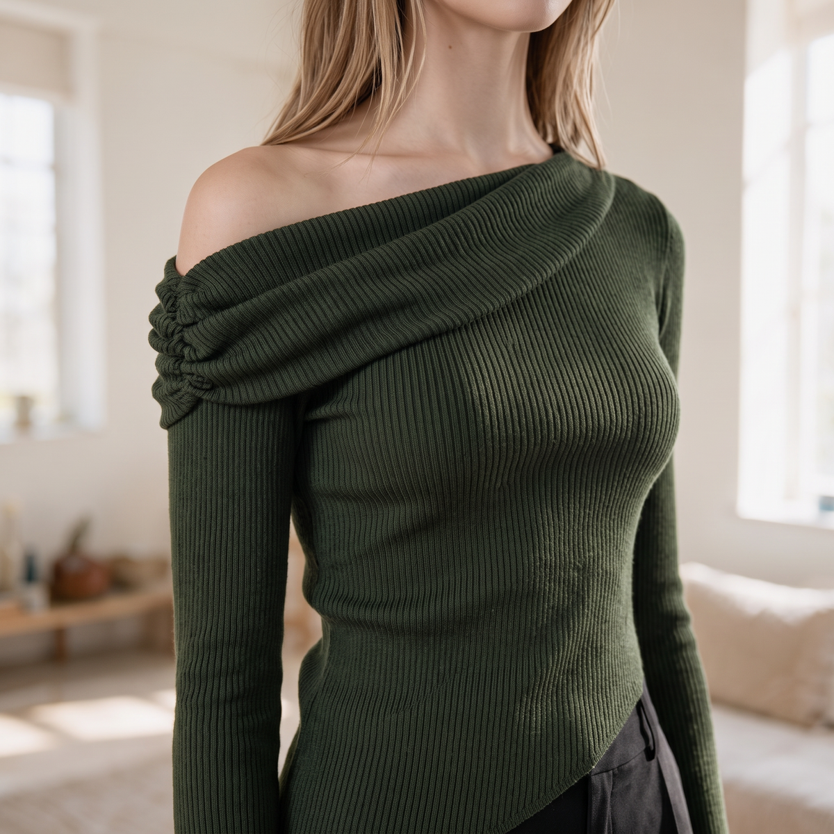 OKAKIE olive green asymmetric draped sweater top with long sleeves, fine ribbed knit texture, and gathered neckline.