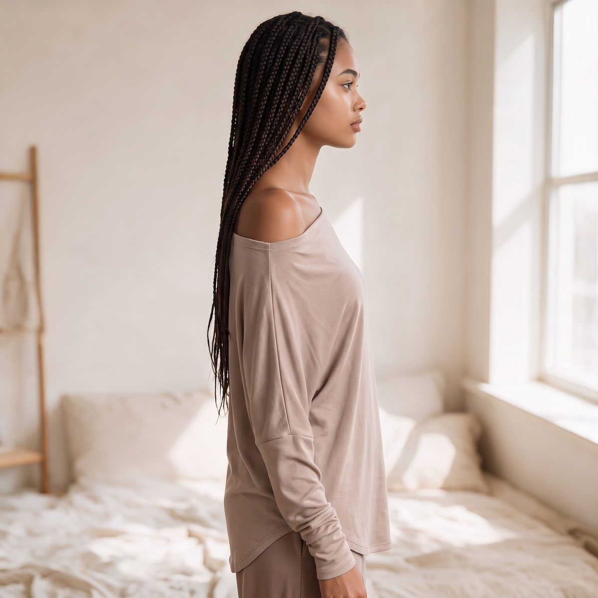 Model wearing OKAKIE beige hacci knit top with boat neckline and dolman sleeves in a bright, minimalist bedroom.