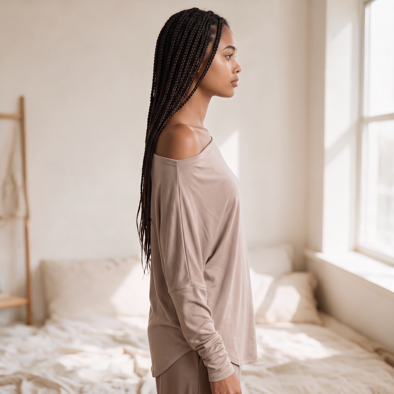 Model wearing OKAKIE beige hacci knit top with boat neckline and dolman sleeves in a bright, minimalist bedroom.