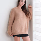 OKAKIE beige mohair-feel tunic sweater with a relaxed oversized fit, boat neckline, and fuzzy textured knit finish.