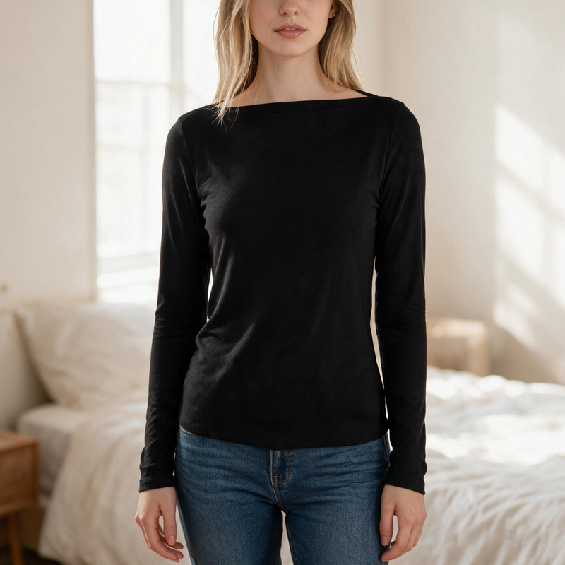 OKAKIE black long-sleeve boat neck top in soft brushed knit with a relaxed fit worn by a model