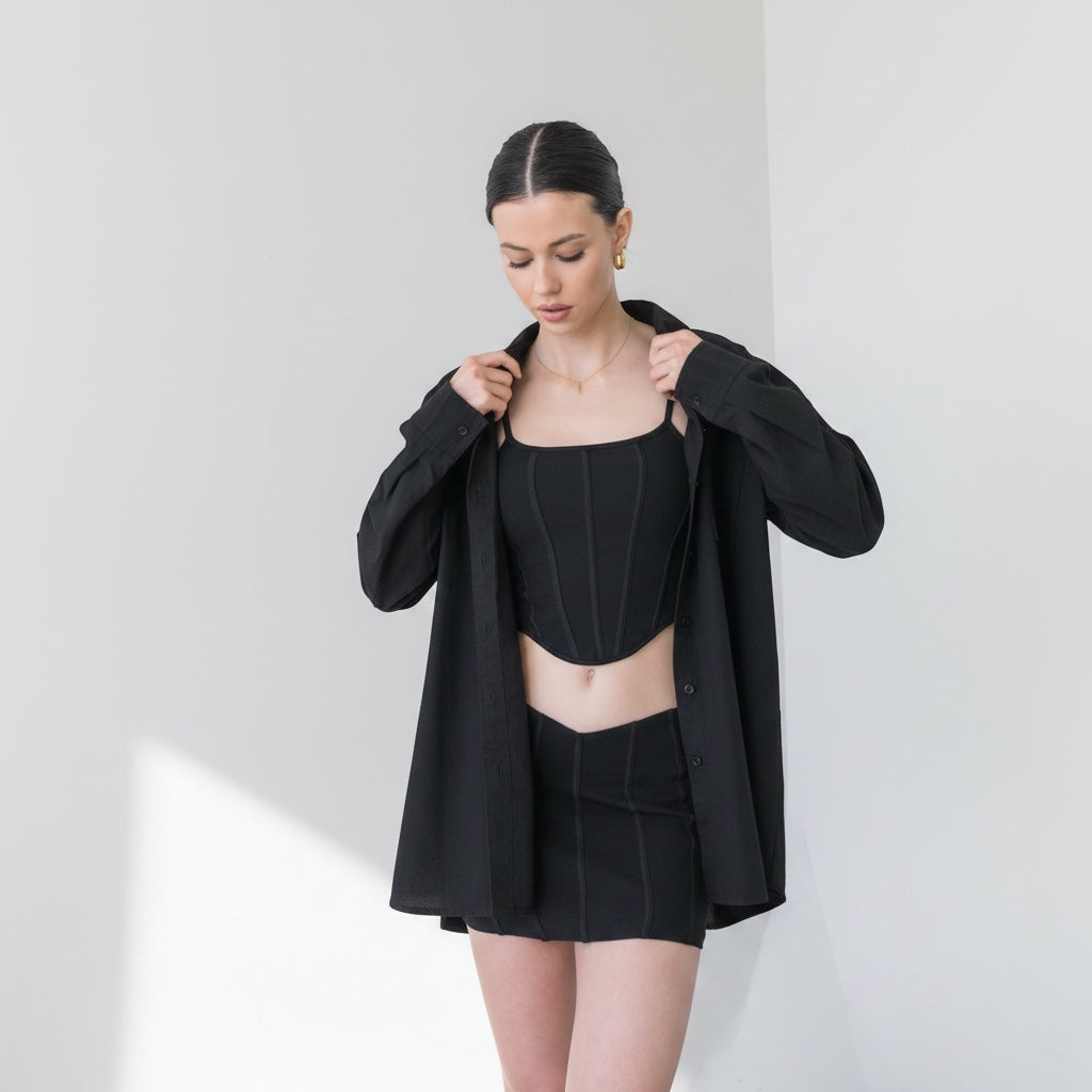 Model wearing an OKAKIE black cotton poplin boyfriend over-shirt over a matching corset top and mini skirt