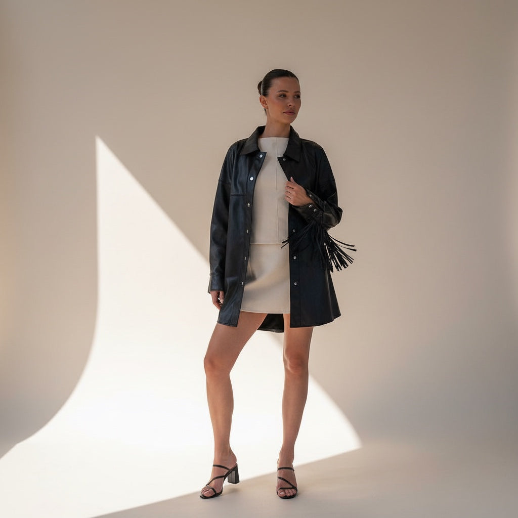 Model wearing an OKAKIE black vegan leather shacket with fringe sleeves over a cream mini dress in a studio setting.