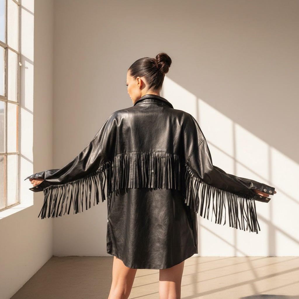 OKAKIE black vegan leather shacket with dramatic fringe detailing on the sleeves and back, worn by a model.