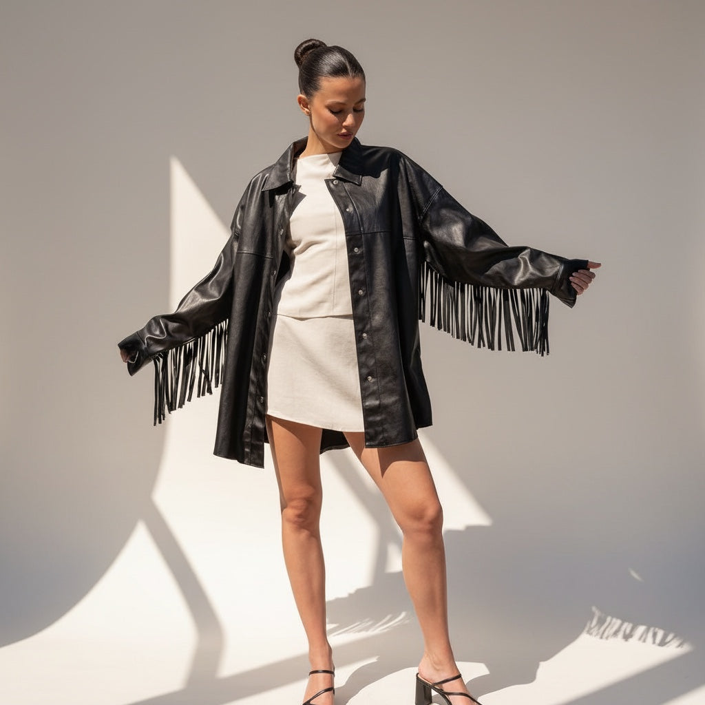 Model wearing an OKAKIE black vegan leather shacket with fringe sleeves and silver snap buttons over a cream dress.