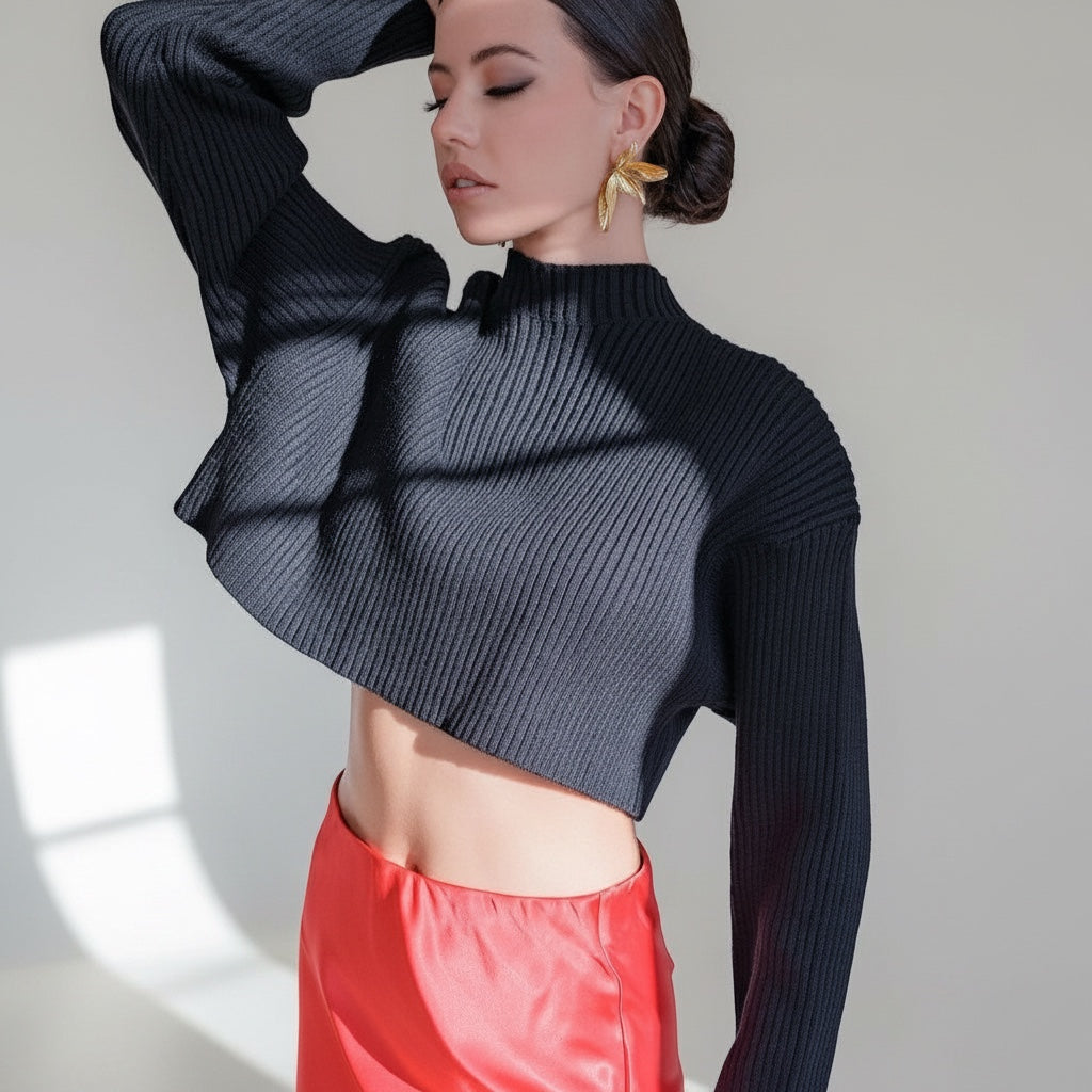 Model wearing an OKAKIE black ribbed crop sweater with a high neckline and long sleeves, featuring a lustrous finish.
