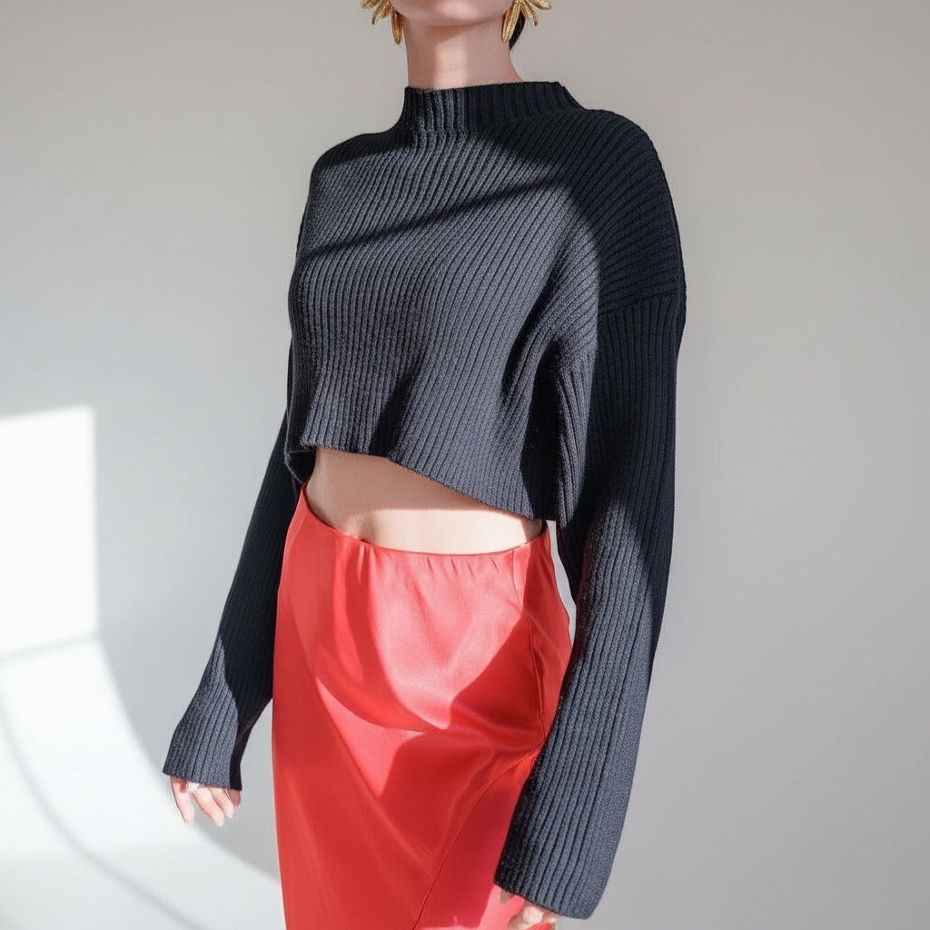 OKAKIE black ribbed crop sweater with a high neckline and long sleeves worn with a red satin skirt