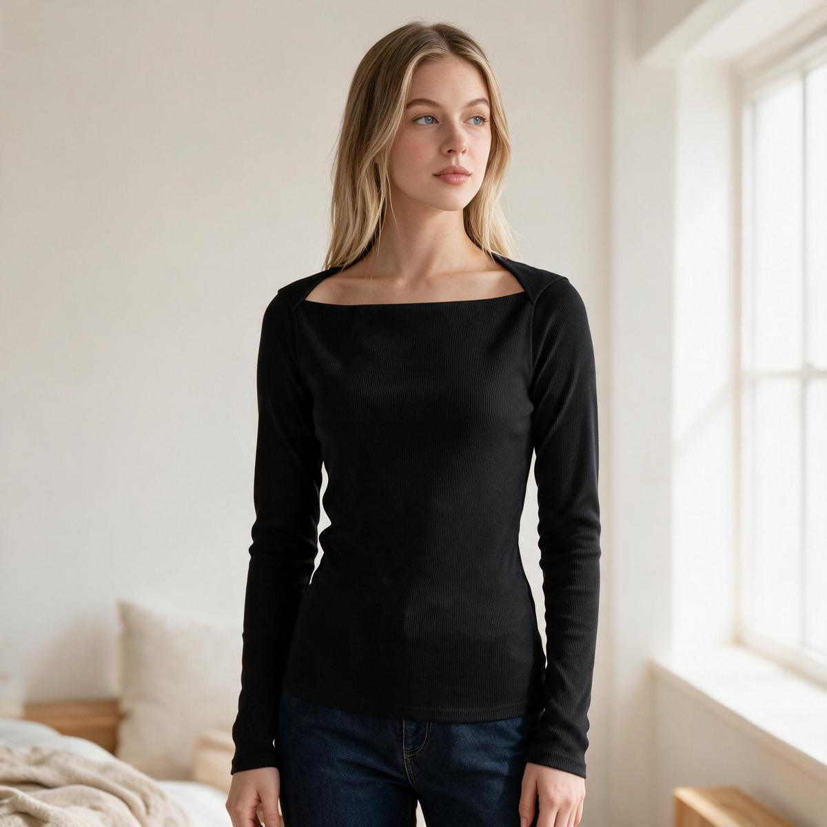 OKAKIE black long-sleeve rib knit top with a square neckline worn by a blonde model in a bright room.