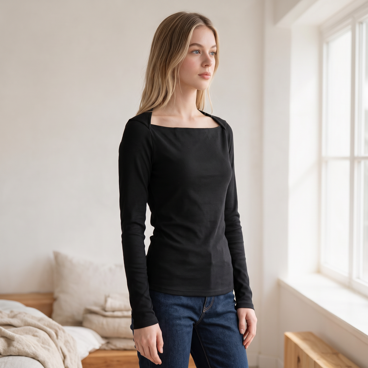OKAKIE black long sleeve rib knit top with a square neckline worn by a blonde model in a bright bedroom.