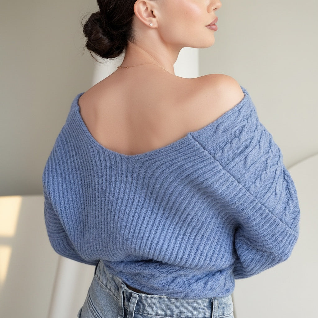 Model wearing an OKAKIE blue cable knit sweater with an off-shoulder design and wide dolman sleeves