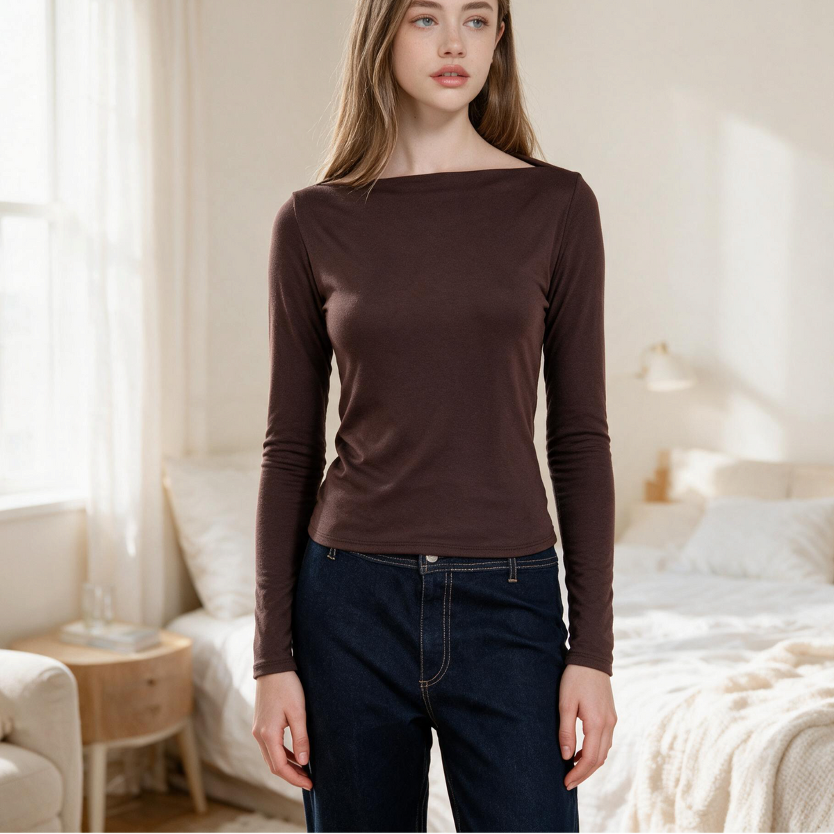 Model wearing an OKAKIE brown long-sleeve boat neck top in a soft brushed ribbed knit with a relaxed fit.