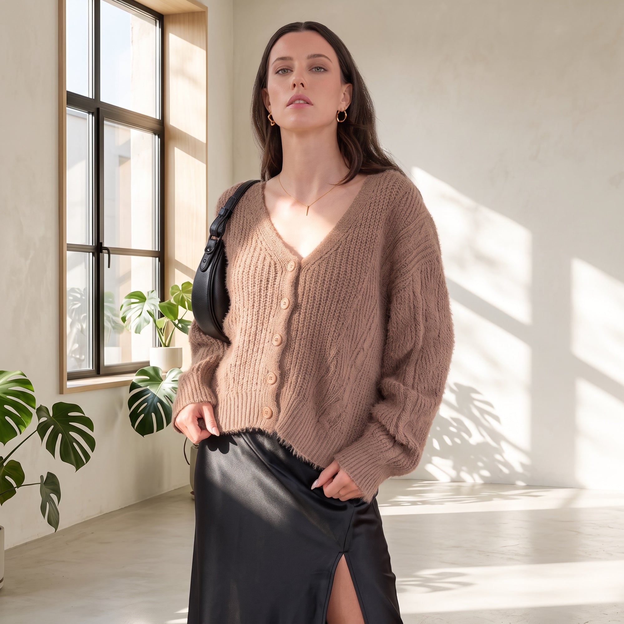 OKAKIE brown fuzzy V-neck button-up cardigan with ribbed texture, worn by a model with a black skirt in a bright room.