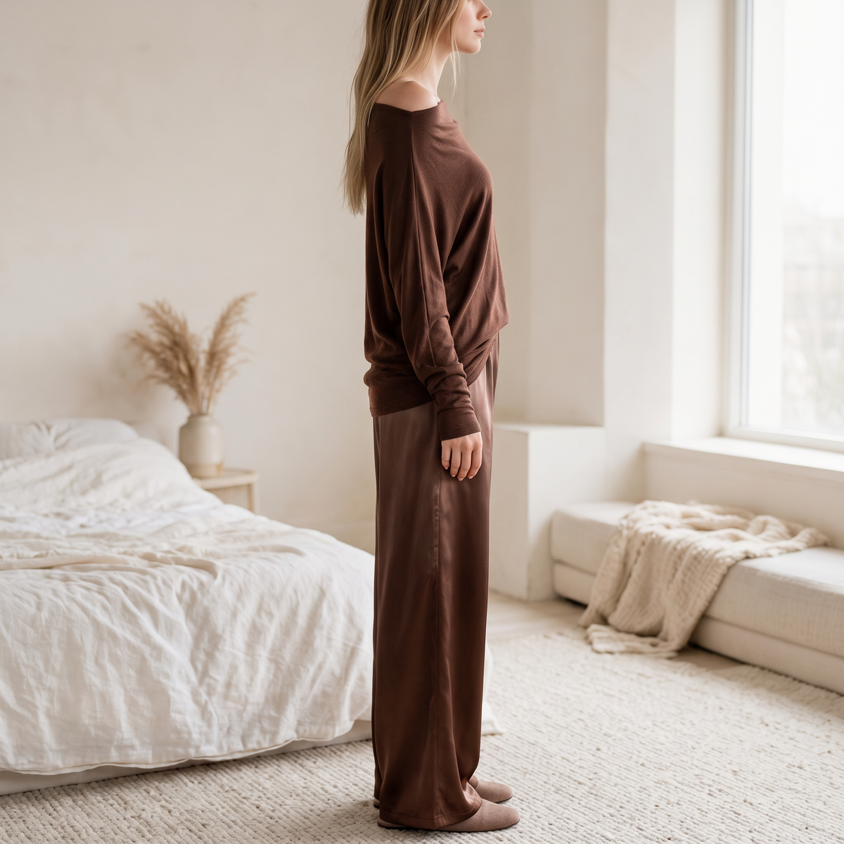 OKAKIE Maëlle draped brown hacci knit top with a wide boat neckline and dolman sleeves worn in a bright bedroom.