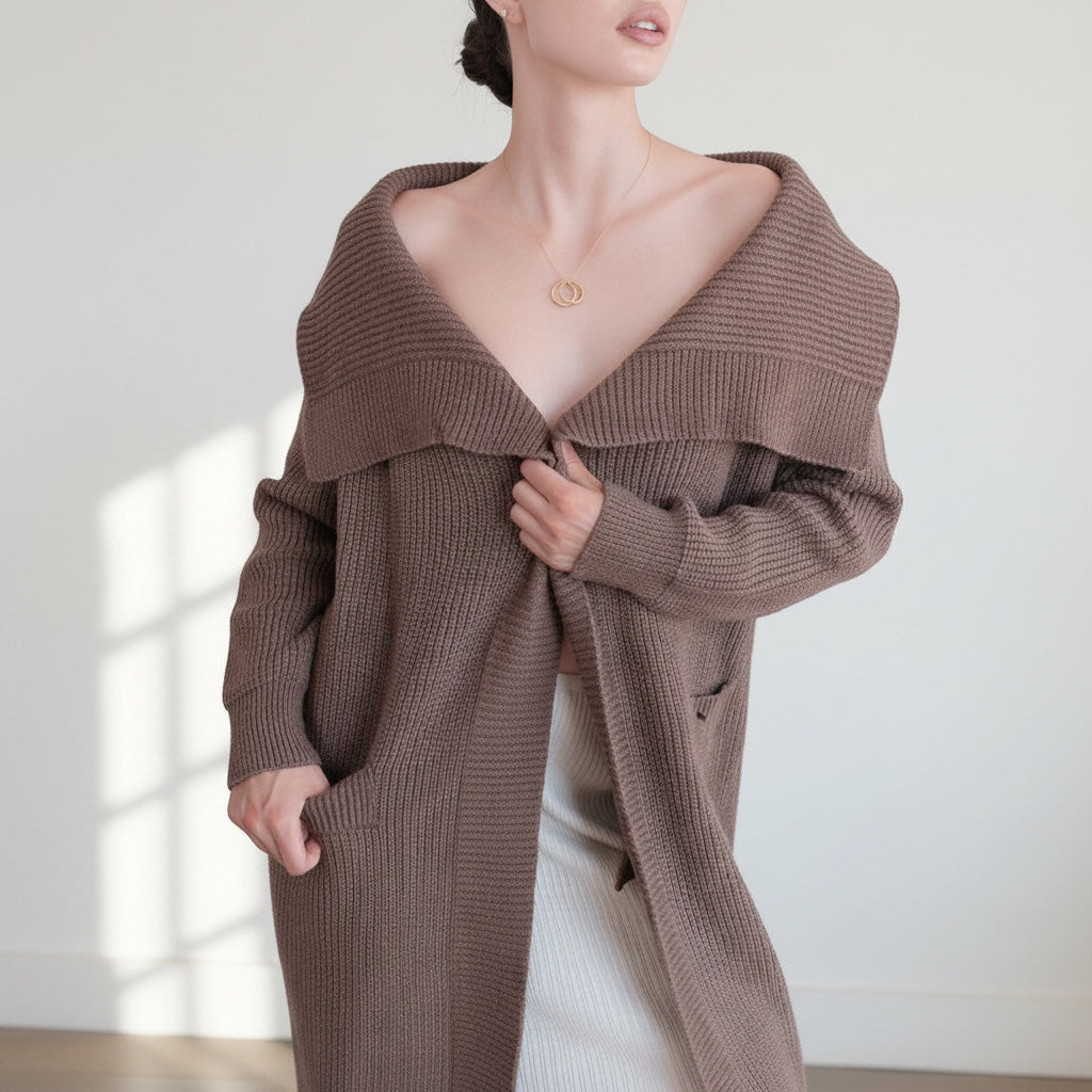 OKAKIE brown heavy cotton blend coatigan with oversized lapel, drop shoulders, and patch pockets on a model