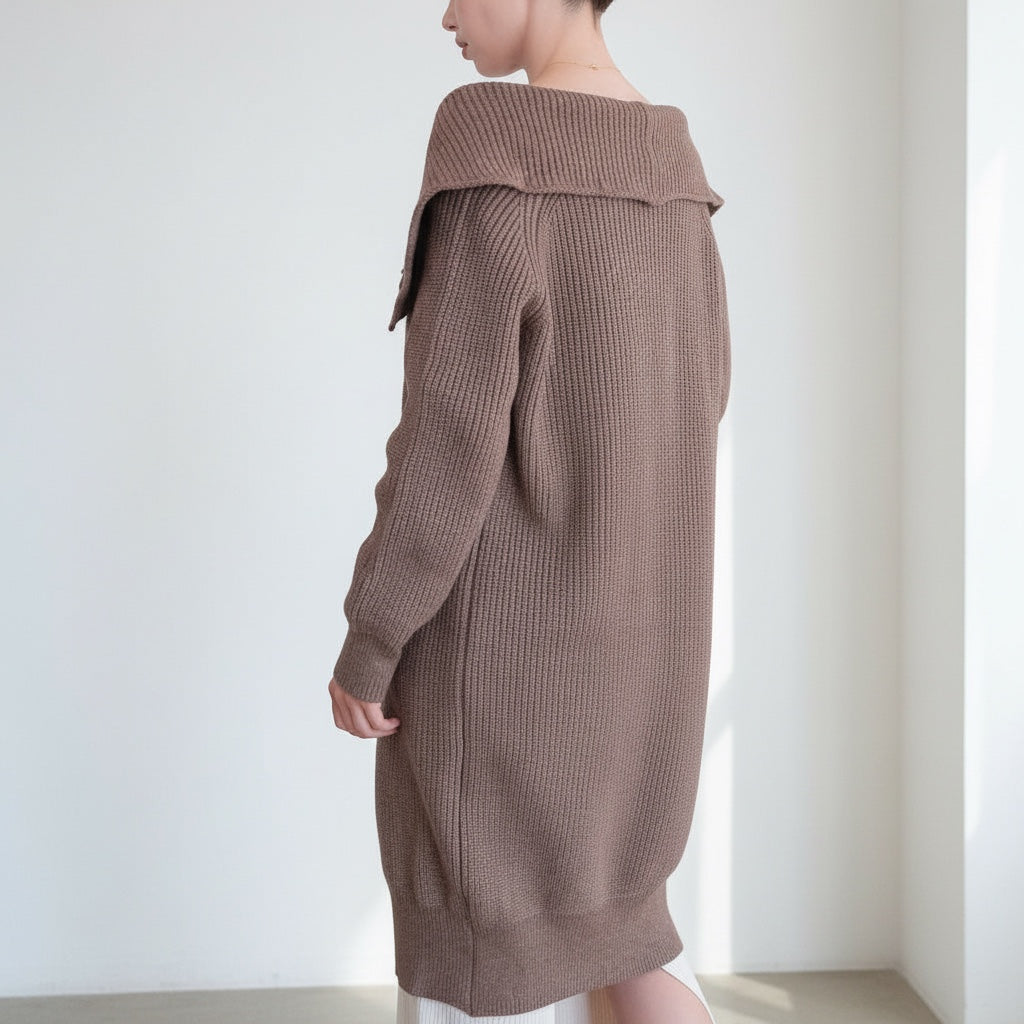 OKAKIE brown heavy knit coatigan with oversized lapel and drop shoulders worn by a model, back view