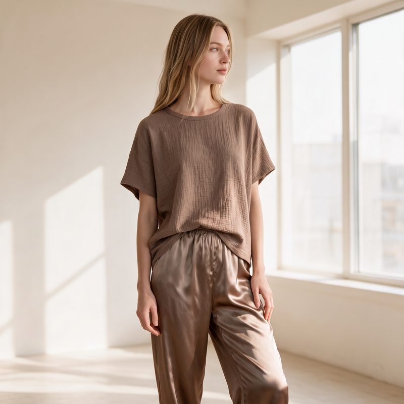 OKAKIE oversized brown raw cotton tee with slub texture and dropped shoulders worn by a model in a bright room