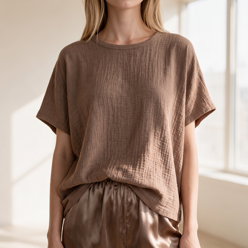 OKAKIE oversized brown heavy raw cotton tee with a textured slub finish and relaxed dropped shoulders