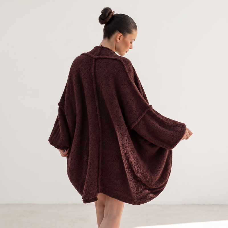 OKAKIE teddy soft cocoon cardigan in dark brown cotton blend with oversized fit and dropped shoulders, back view
