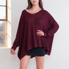 OKAKIE heavy cotton tunic in deep burgundy with a wide V-neck, drop shoulders, and a loose, high-low hem fit.