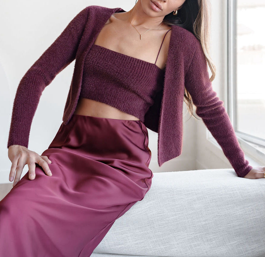 OKAKIE burgundy fuzzy knit two-piece set featuring a cropped tank and open-front bolero cardigan.