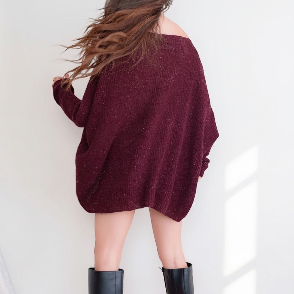 OKAKIE burgundy heavy cotton tunic with a speckled purl knit texture, drop shoulder design, and loose fit.
