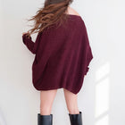 OKAKIE burgundy heavy cotton tunic with a speckled purl knit texture, drop shoulder design, and loose fit.