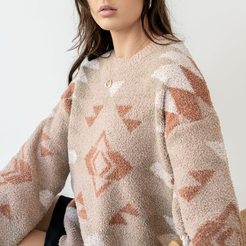 OKAKIE The Cabin plush knit sweater featuring a neutral geometric pattern, crew neck, and oversized relaxed fit.