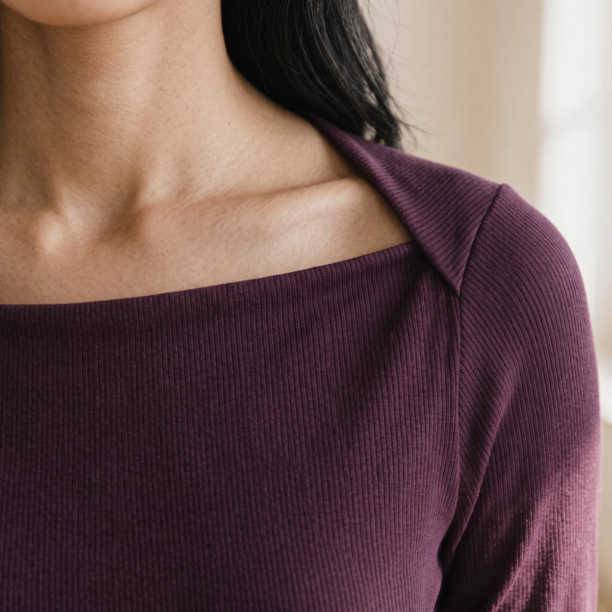 OKAKIE Céleste square neck rib knit top in deep plum featuring fine vertical ribbing and subtle shoulder detailing.