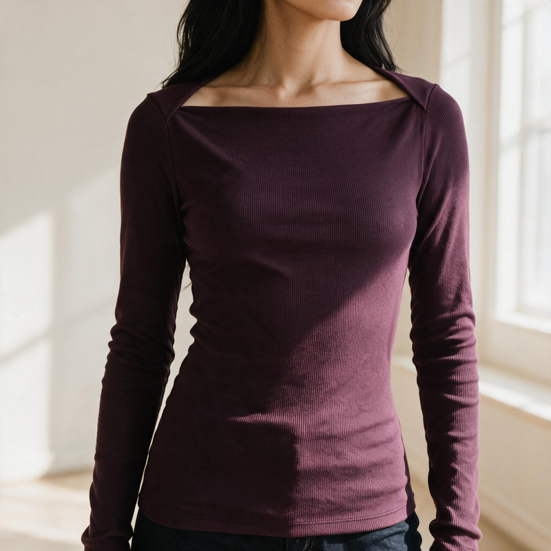 OKAKIE Céleste square neck rib knit top in deep plum with long sleeves and a slim, body-contouring fit.