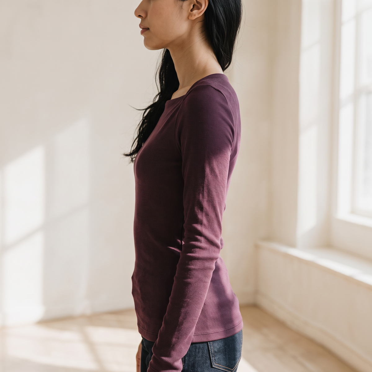 OKAKIE purple long-sleeve square neck rib knit top worn by a woman, showing a slim, body-contouring fit.